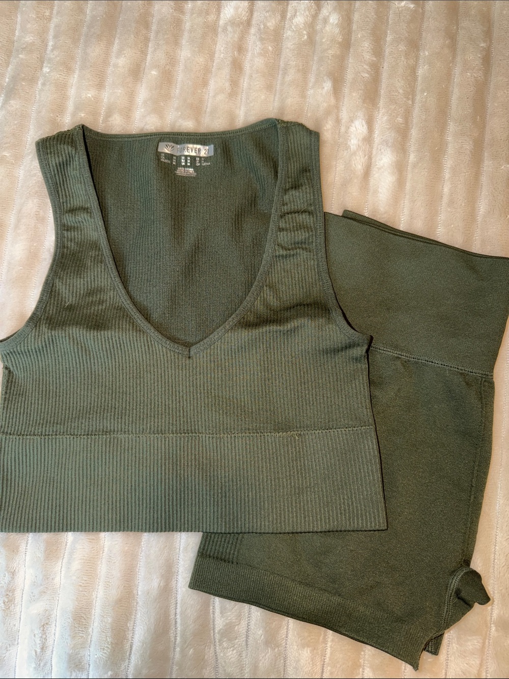 Forever 21 Dark Olive Ribbed V-Neck Workout Set